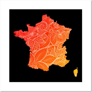 Colorful mandala art map of France with text in red and orange Posters and Art